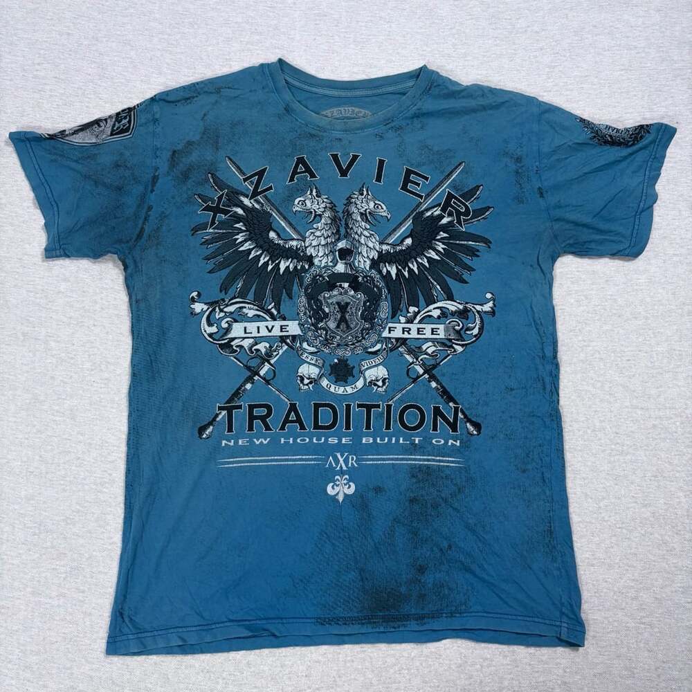 Xzavier Tradition Graphic Tee Size XL Blue Live Free Double Headed Eagle